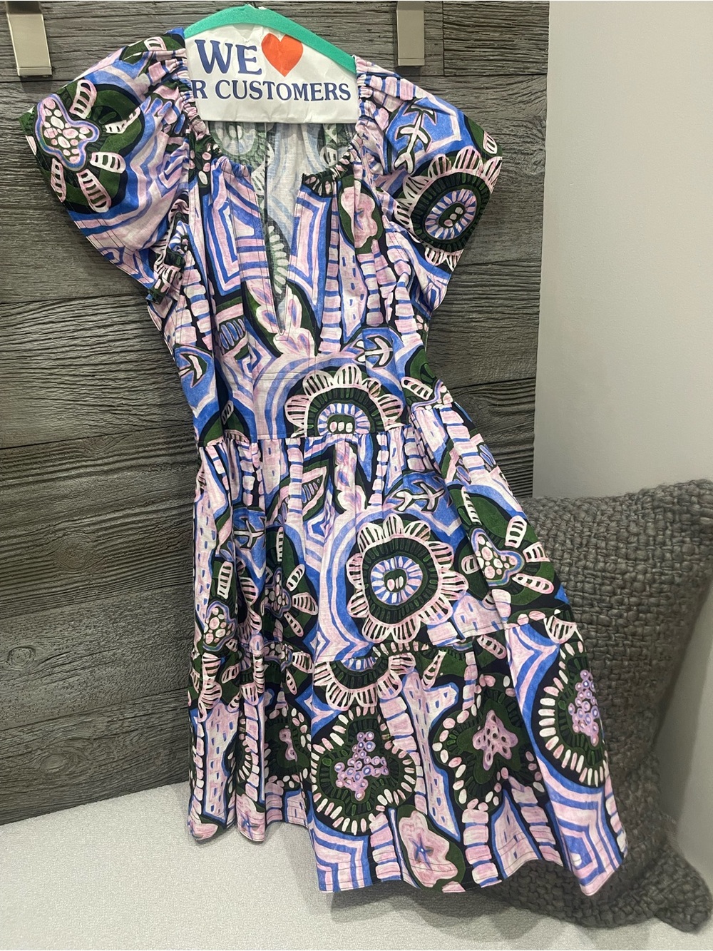 Marie Oliver Blue, Pink & Green Printed Puff-Sleeve Fit & Flare Dress